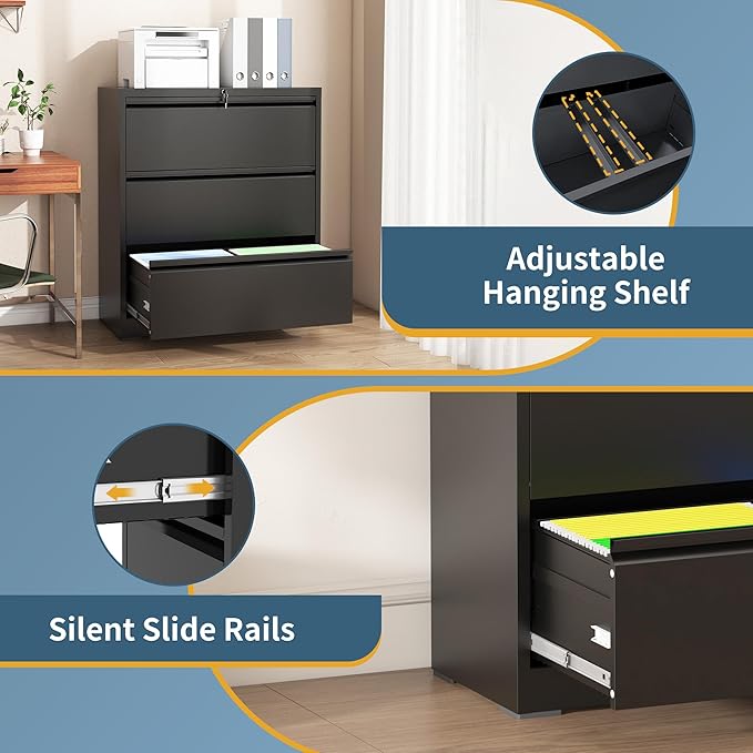 3 Drawer File Cabinet with Lock, Lateral Filing Cabinets, Metal Storage Filing - Image 6