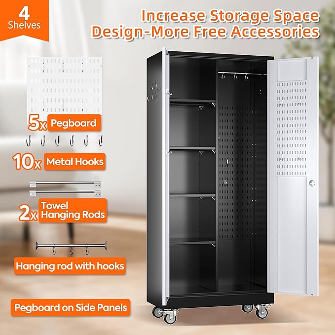 Aobabo Metal Broom Closet Storage Cabinet on Wheels and 2 Lockable Doors - Image 4