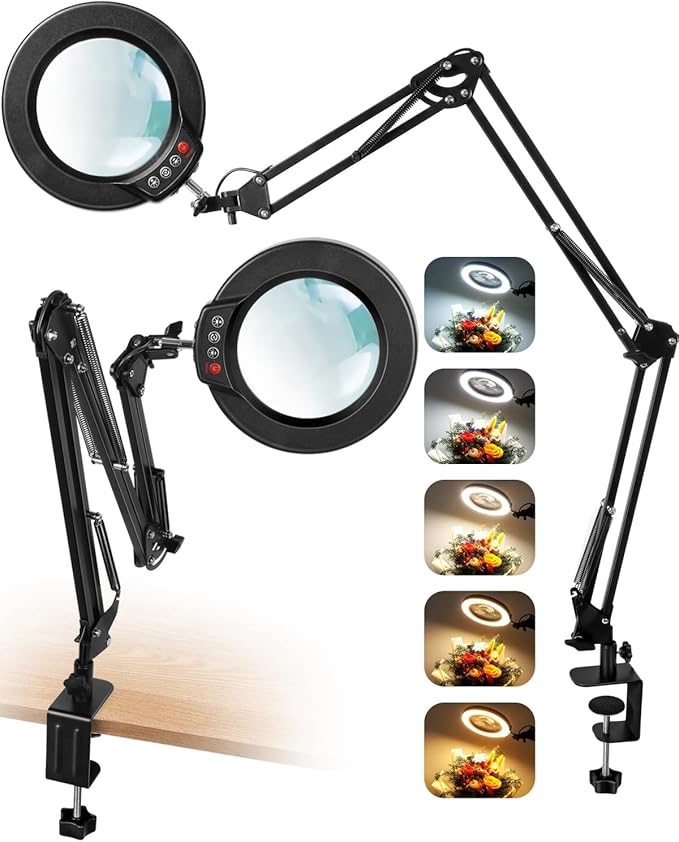 10X Magnifying Glass with Light and Clamp, Ultra Long 3 Section Swing Arm LED by KRSTLV