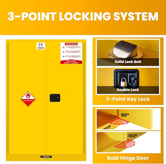 72 Gallon Yellow Flammable Storage Cabinet, Fireproof Steel Chemical Storage - Image 4