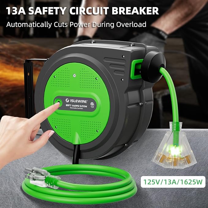 80FT Retractable Extension Cord Reel, 14 AWG/3C SJTOW Heavy Duty Power Cord - Image 6