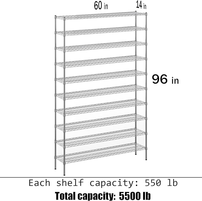 14" Deep x 60" Wide x 96" Height Wire Shelving Kit | 10-Tier | NSF Commercial - Image 3