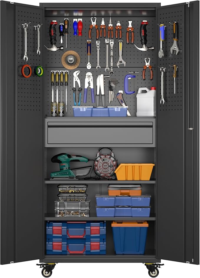 Metal Storage Cabinet with Drawers, Locking Garage Tool Cabinets on Wheels with by GANGMEIMENTALSTORAGECABINET