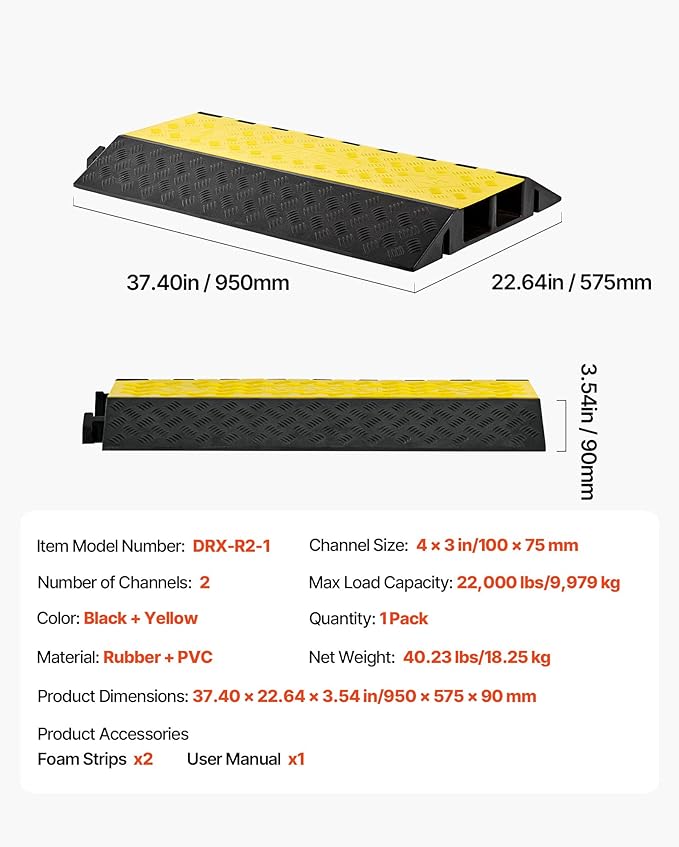VEVOR Rubber Cable Protector Ramp, 2 Channel Heavy Duty Rubber Cord Hose Wire - Image 7