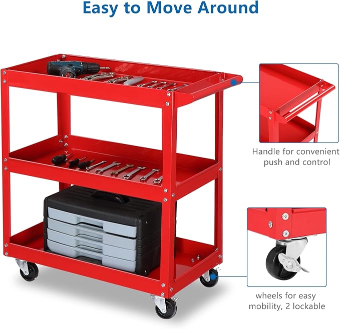 TUFFIOM 3 Tier Rolling Tool Cart, 330 Lbs Capacity, 3 Shelves Steel Utility Cart - Image 3