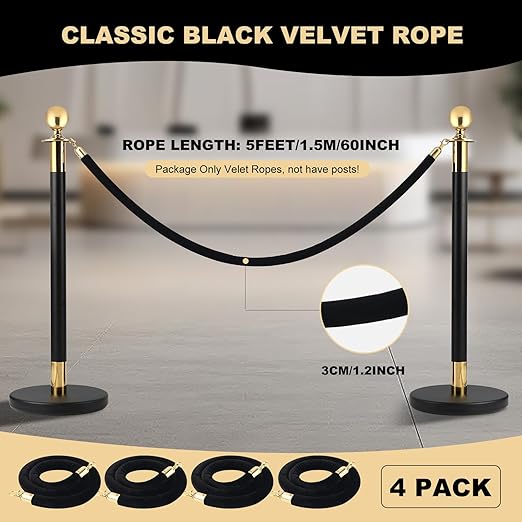 Velvet Stanchion Rope, 5 Feet Crowd Control Stanchion Ropes Safety Barrier - Image 2