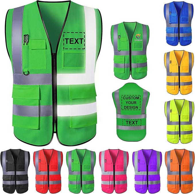 Custom Safety Vest for Men High Visibility Protective Workwear 5 Pockets Class 2 by YAEILOV