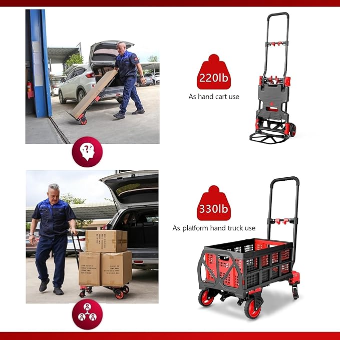 2 in 1 Hand Truck Dolly Foldable, 330LB Folding Hand Truck Heavy Duty Carrying - Image 4