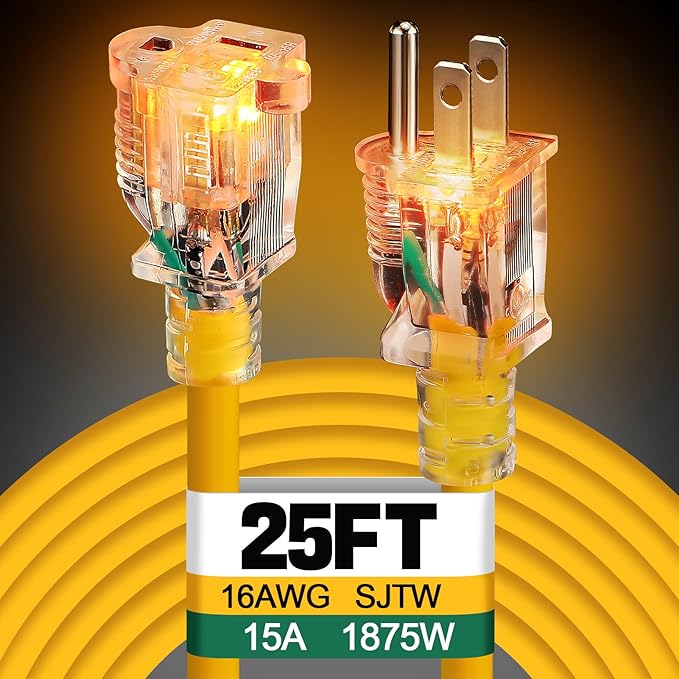 Lighted End Heavy Duty Outdoor Extension Cord Waterproof -16AWG, 3 Prong by Alphatool