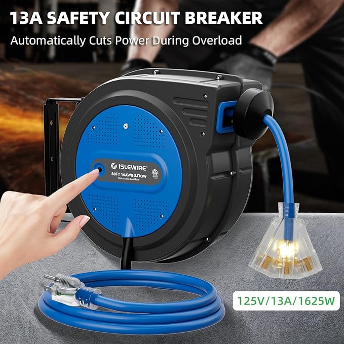 80FT Retractable Extension Cord Reel, 14 AWG/3C SJTOW Heavy Duty Power Cord - Image 6