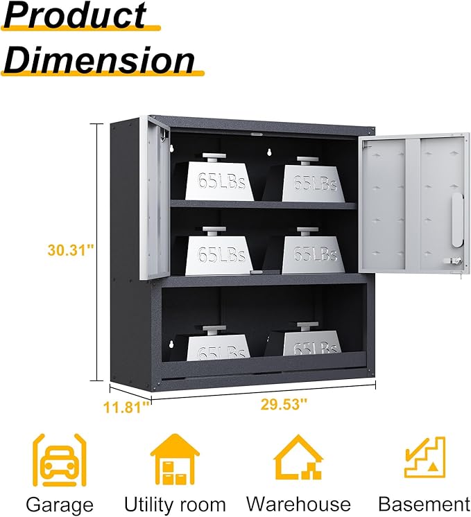 Wall Mounted Cabinet with Locking Doors, Open Shelf, Metal Hanging Garage - Image 3