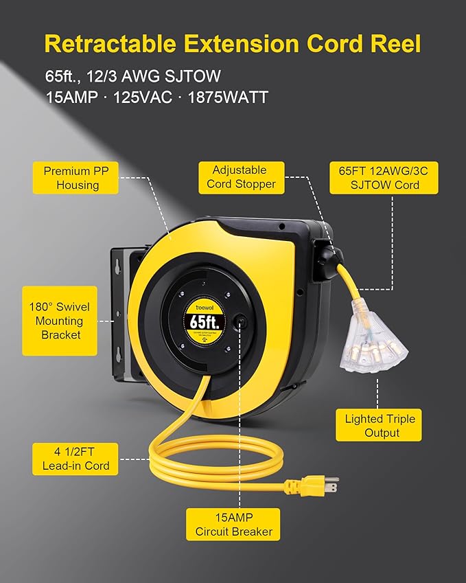 65FT Retractable Extension Cord Reel, 12AWG/3C SJTOW Heavy Duty Power Cord - Image 2