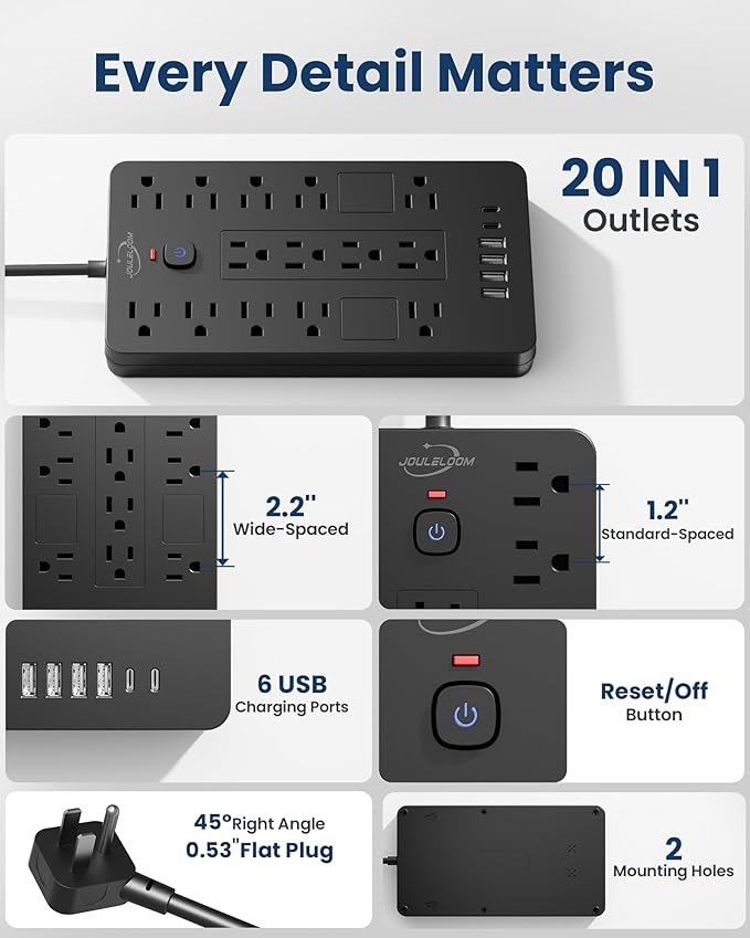 Surge Protector Power Strip-14 Outlets and 6 USB Ports, 10 Feet Flat Plug - Image 7