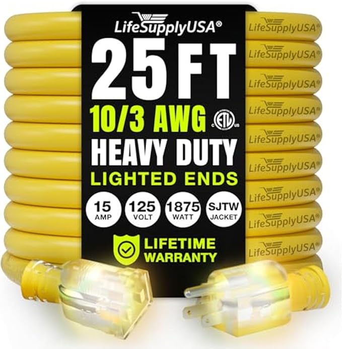 25ft Outdoor/Indoor Extension Cord 10/3 Gauge Ultra Heavy Duty 3 Prong SJTW by LifeSupplyUSA