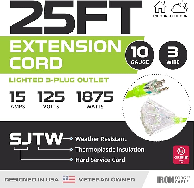 Iron Forge Cable 3 Outlet 10 Gauge Extension Cord 25 ft, 10/3 Heavy Duty - Image 2