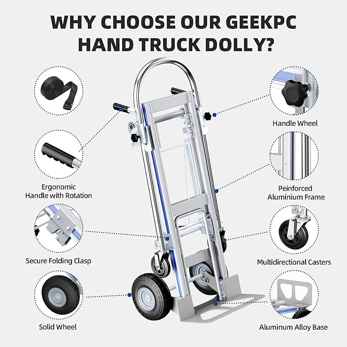 Hand Trucks Heavy Duty Aluminum Dolly Cart, 3 in 1 Design 1000 Lbs Capacity - Image 5
