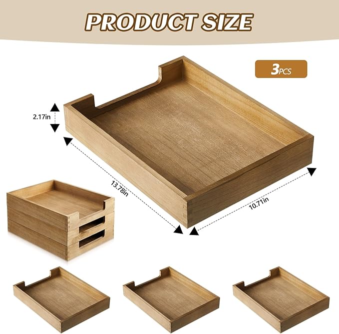 Fulmoon 3 Pcs Stackable Wood Letter Tray A4 Size Desk Tray Organizer Wooden - Image 3