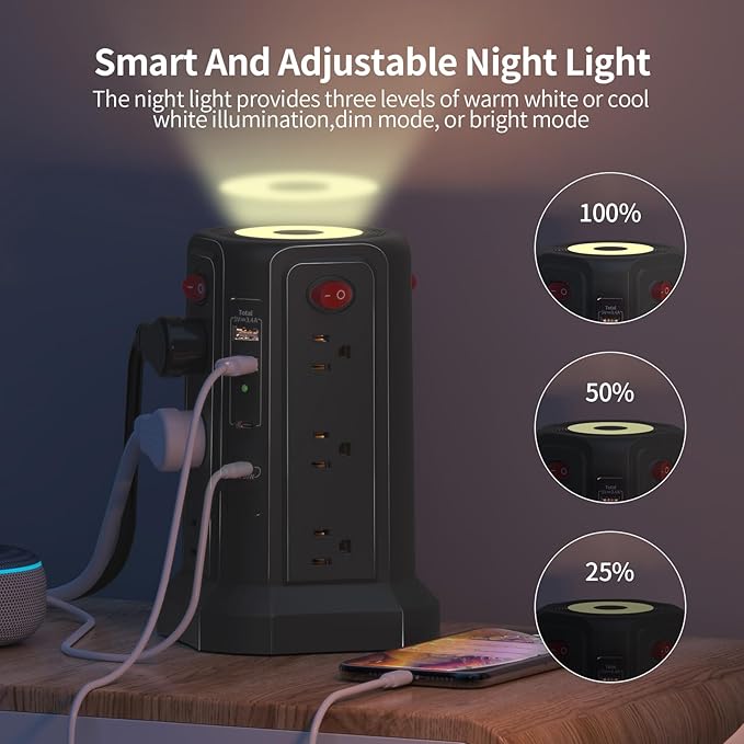 Surge Protector Power Strip 10 FT Cord, PD 20W USB C Power Strip Tower - Image 2