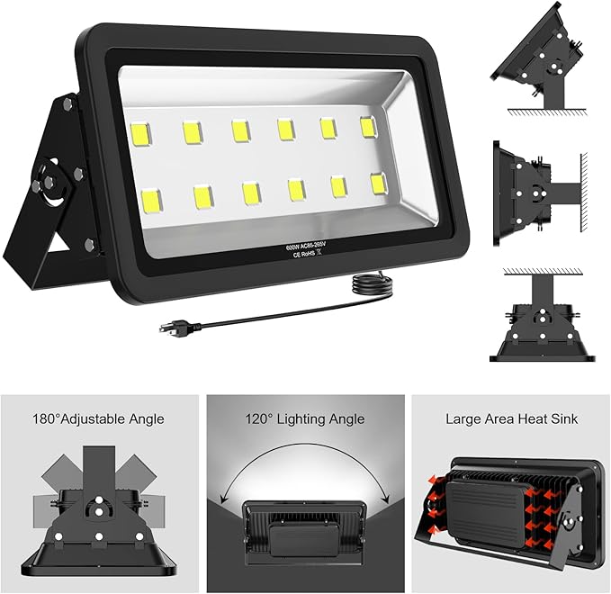 600W Outdoor LED Flood Light, 60000LM Super Bright, IP66 Waterproof, 6000K - Image 3