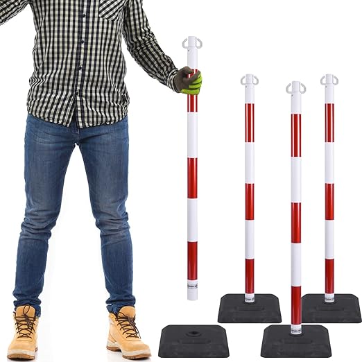4 Pack Red White Portable Work Zone Chain Post Set, Premium Crowd Control - Image 3