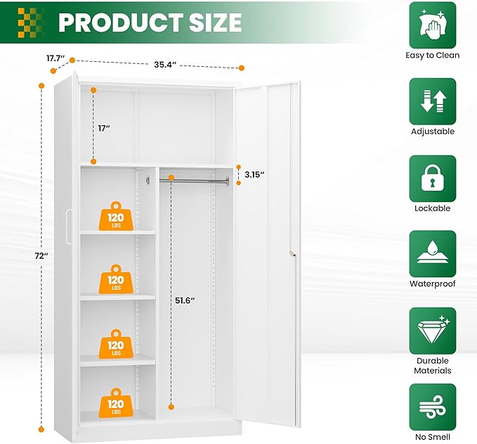 Broom Closet with Lock, Metal Storage Cabinet 36" Wide, 5-Tier Steel Utility - Image 3