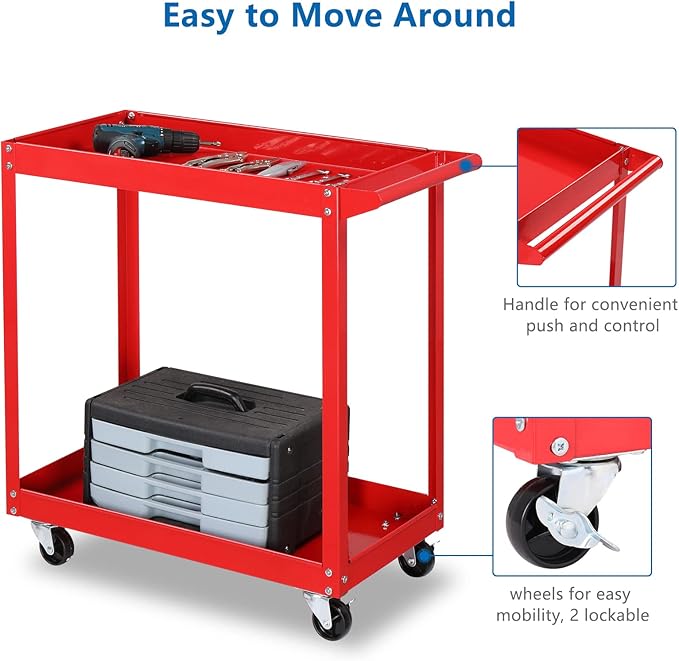 TUFFIOM 2 Tier Rolling Tool Cart on Wheels w/2 Brake, 220 LBS Capacity Heavy - Image 3
