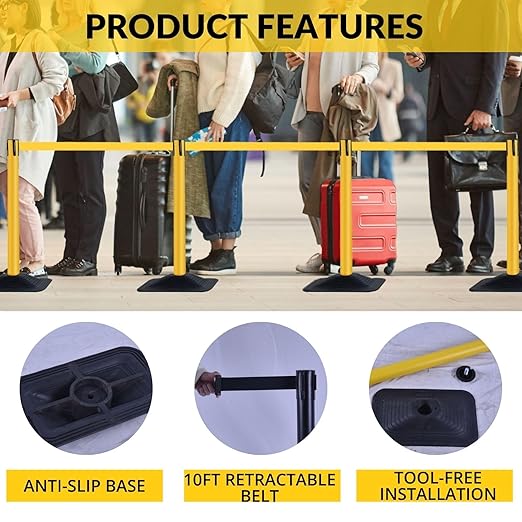4-Pack 36" Yellow Crowd Control Stanchions, Heavy-Duty Rubber Rectangular Base - Image 3
