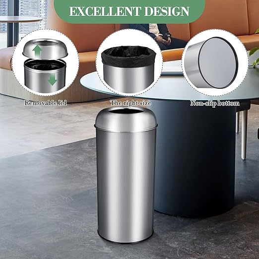 65L/17 Gallon Tall Commercial Trash Can, Large Capacity Brushed Stainless Steel - Image 6