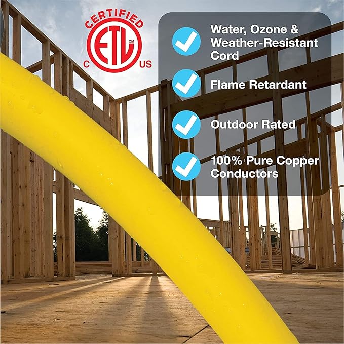 Clear Power 50ft 14/3 SJTW Yellow Outdoor Extension Cord & Heavy Duty Cord - Image 8