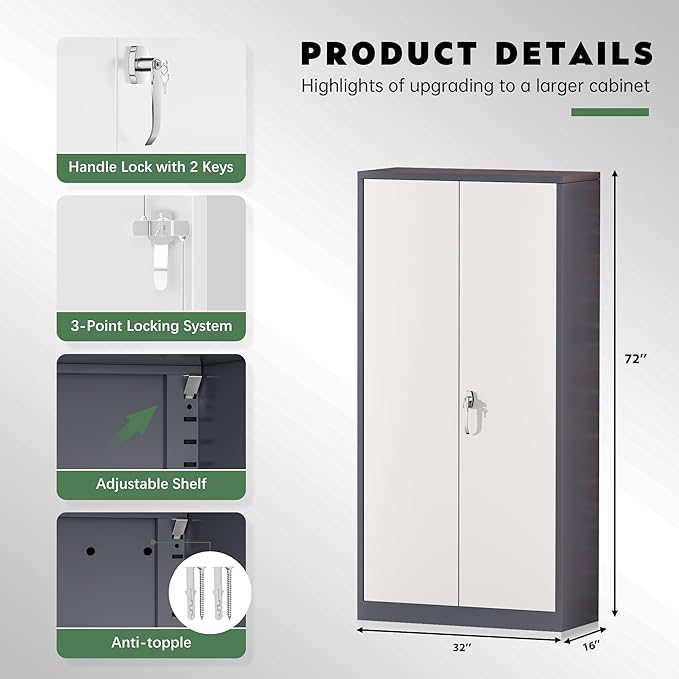 Greenvelly Metal Garage Storage Cabinet, Tall Locking Storage Cabinet - Image 3