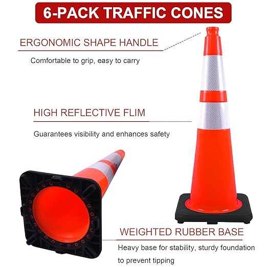 OrangeStar 6-Pack 28" Traffic Cones, Weighted Rubber Base - Image 3