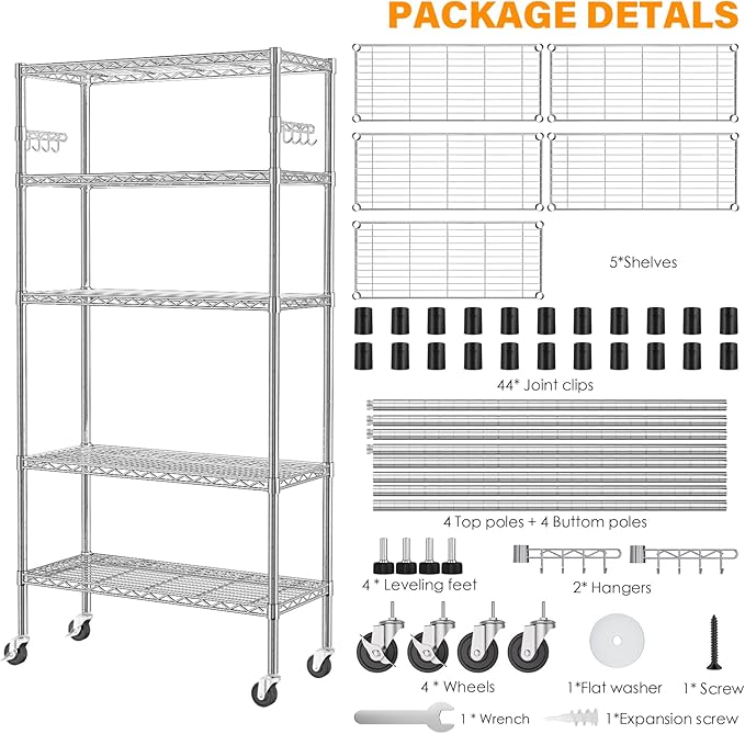 YNN Storage Shelves, 1750Lbs 5 Tier Heavy Duty Metal Rolling Shelving Unit - Image 8