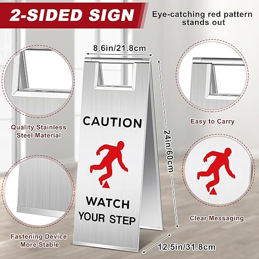 Tandefio 2 Pcs Stainless Steel Wet Floor Sign 24 Inch Caution Watch Your Step - Image 3