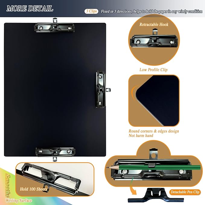 Three Black Clip Aluminum 11x17 Clipboard Metal Stainless Hangable Clipboards - Image 3