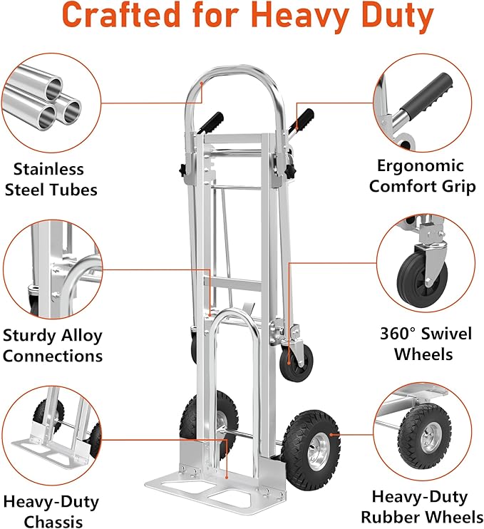 1000 LBS Dolly Cart with Wheels, 4 in 1 Folding Hand Truck, Stainless Steel - Image 5