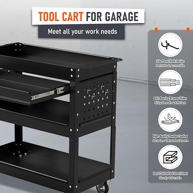 3 Tier Rolling Tool Cart, Heavy Duty Service Cart on Wheels - Image 7
