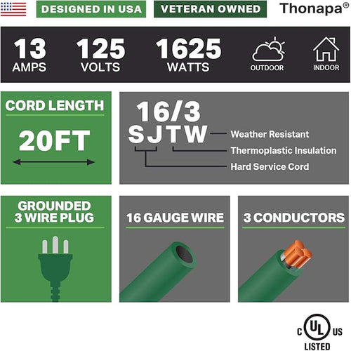 13 Amp Outdoor Extension Cord 20 ft, 16/3 SJTW 20ft Green Extension Cord 3 Prong - Image 2