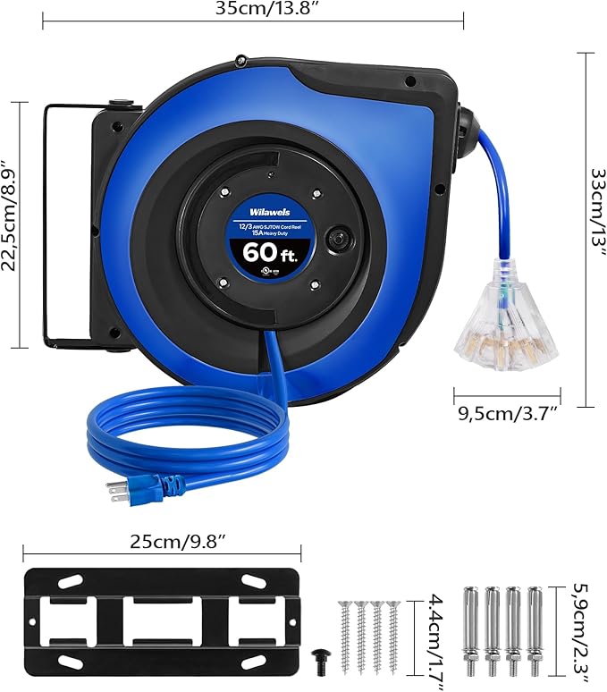 Retractable Cord Reel, 60 FT Heavy Duty Extension Cord, 12AWG/3C SJTOW - Image 7