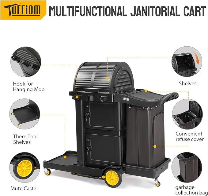 TUFFIOM Janitorial Cart with Key-Locking Cabinet, 3-Shelf Commercial Cleaning - Image 2