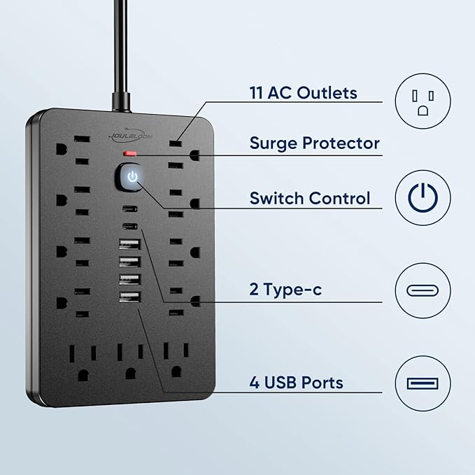 6 FT Flat Plug Surge Protector Power Strip, 11 Multiple AC Outlets - Image 3