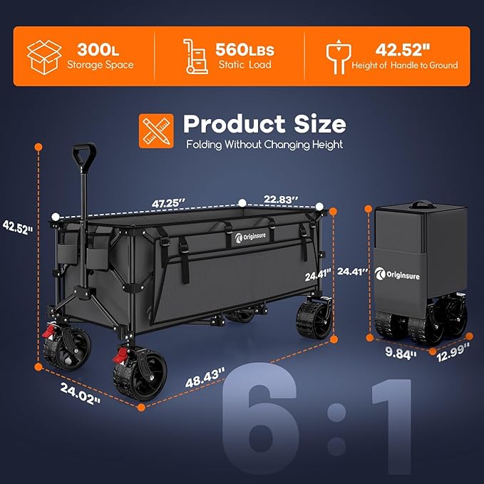 48" L Collapsible Wagon Cart Foldable, 560lbs Weight Capacity 300L Heavy Duty - Image 2