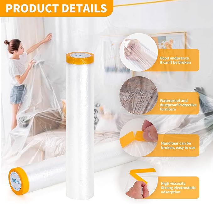 Pre-Taped Masking Film 3 Pack Each 118in x 65 feet Rolls, Tape and Drape - Image 3