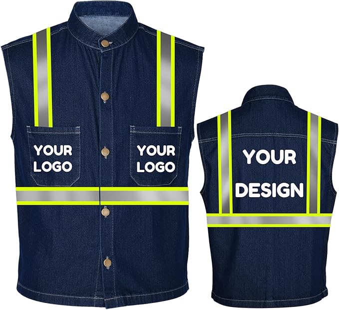YOWESHOP Men's Reflective Safety Denim Vest，Custom Safety Outdoor Denim Work by YOWESHOP