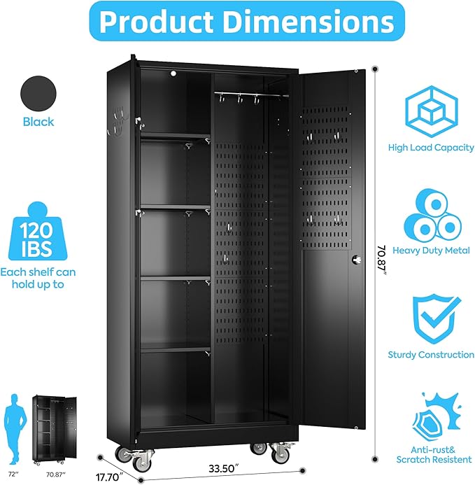 Garage Storage Cabinet with Wheels and 5 Pegboard, Metal Storage Cabinets with - Image 2