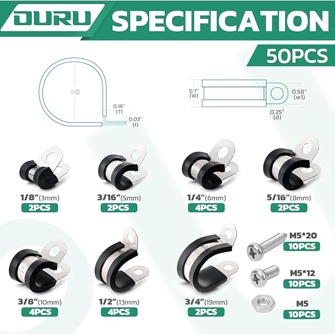 50PCS Cable Clamps with Screws Assortment Kit 304 Stainless Steel Rubber Coated - Image 2