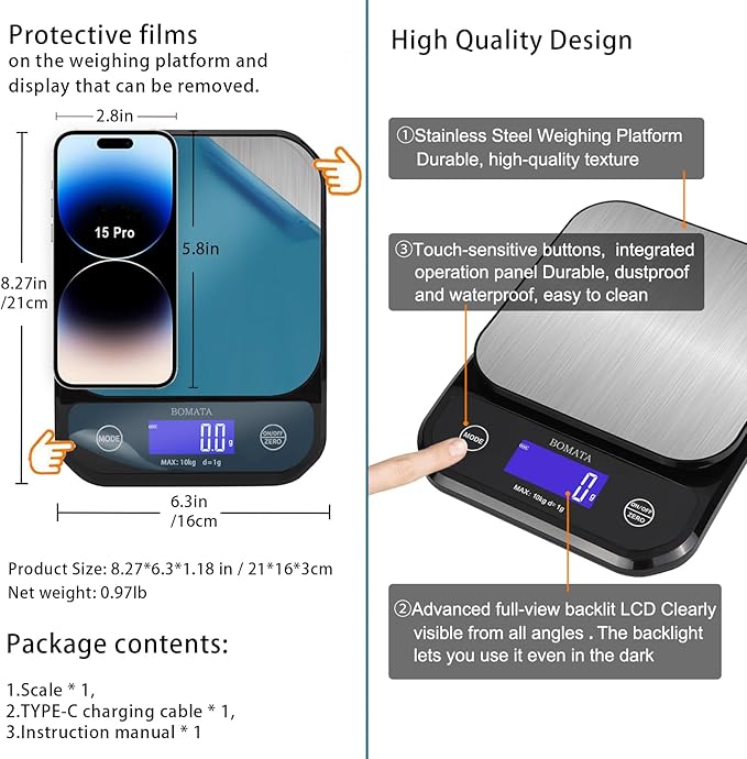BOMATA IPX7 Waterproof Food Scale, USB Rechargeable, Submersible, Ounces and - Image 6