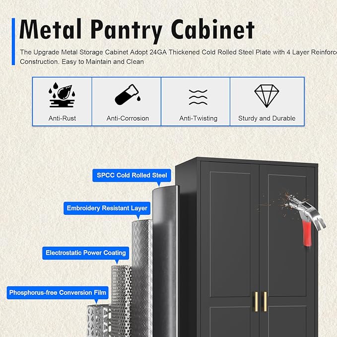 60 Inch Tall Pantry Cabinet, Metal Kitchen Storage Cabinet - Image 6