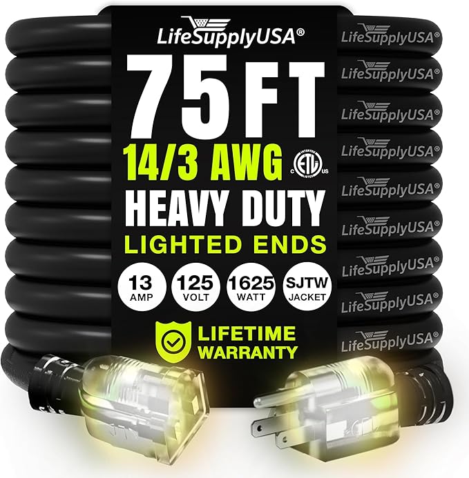 75ft Outdoor/Indoor Extension Cord 14/3 Gauge Heavy Duty 3 Prong SJTW, by LifeSupplyUSA
