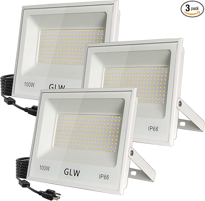 3 Pack 100W LED Flood Light Outdoor, 10000LM Super Bright Security Lights by GLW