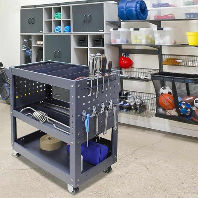 3 Tier Rolling Tool Cart with 6 Dividers, Mesh Panels & Screwdriver Shelf - Image 7